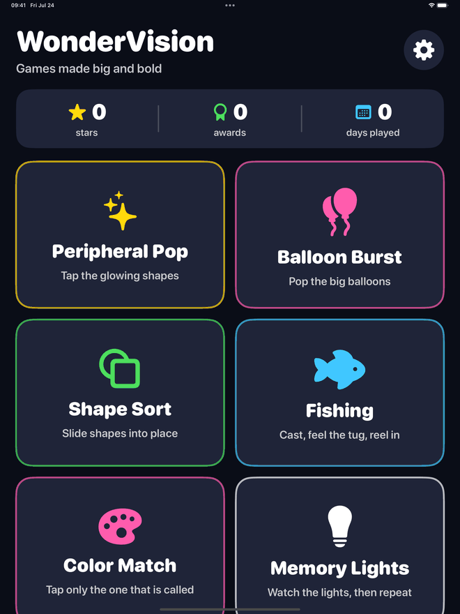The WonderVision hub on iPad: a row counting stars, awards and days played, then six huge game cards with bright outlines, reading Peripheral Pop, Balloon Burst, Shape Sort, Fishing, Color Match and Memory Lights.