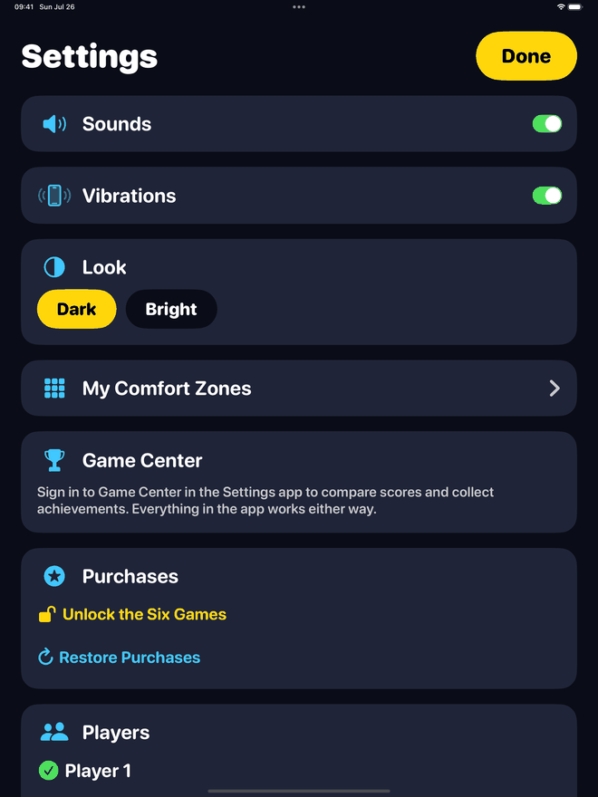 The WonderVision Settings screen with huge rows: Sounds and Vibrations toggles, a Look chooser set to Dark, My Comfort Zones, Game Center, Purchases with Unlock the Six Games and Restore Purchases, and a Players list.