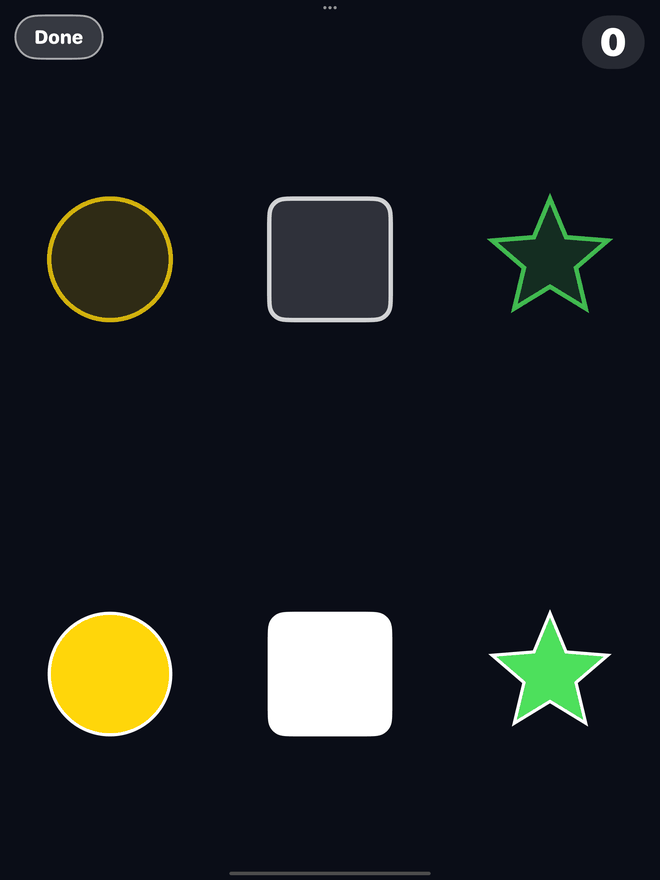 A Shape Sort board on iPad: three dim outlines of a circle, a square and a star along the top, and the three matching solid shapes in yellow, white and green along the bottom, all enormous with nothing overlapping.